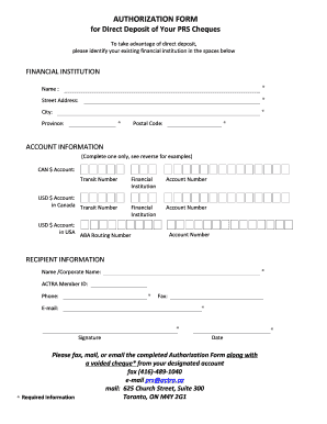 AUTHORIZATION FORM for Direct Deposit of Your PRS Actra