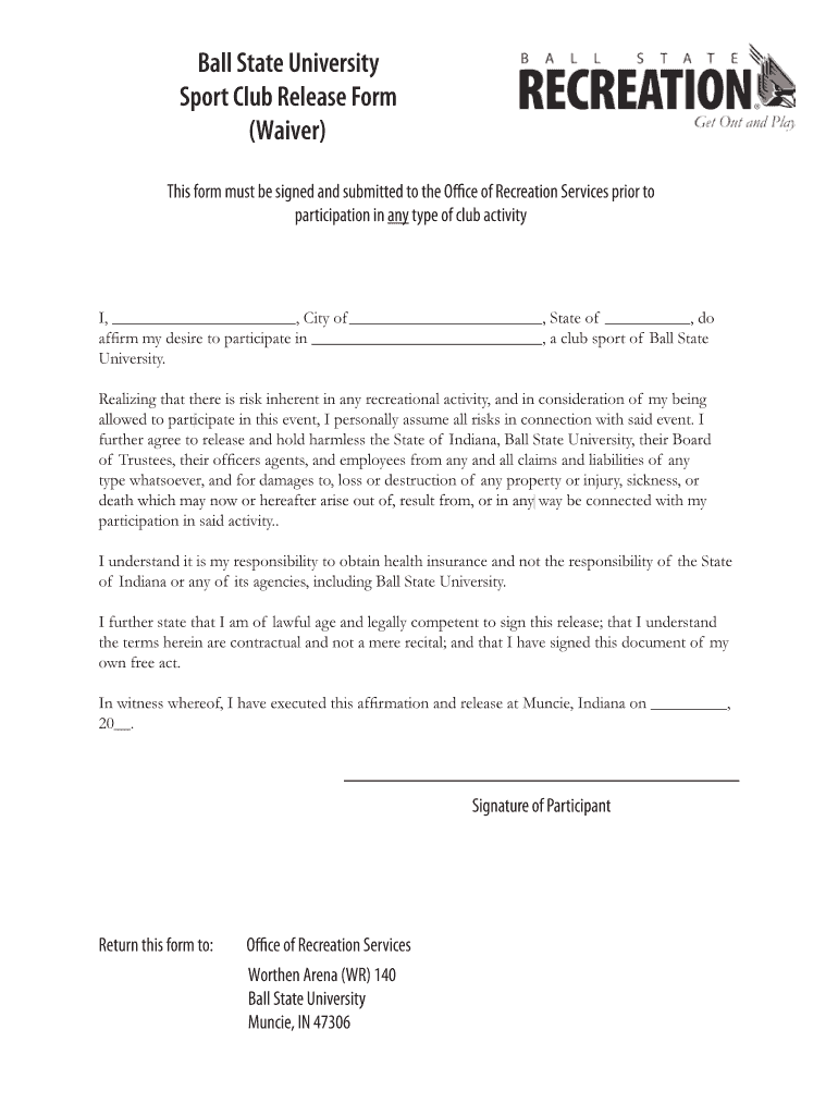 Ball State University Recreation Waiver for Participation Form
