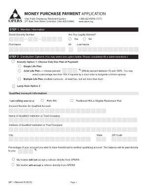 MONEY PURCHASE PAYMENT APPLICATION Ohio Public Employees Retirement System 277 East Town Street, Columbus, Ohio 43215 4642 1 800  Form