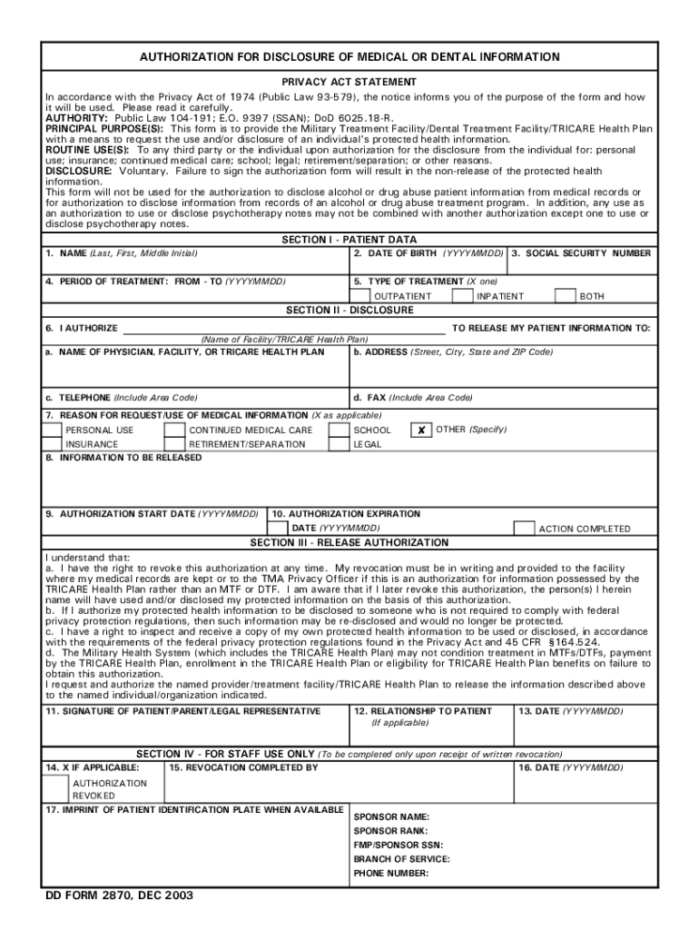 DD Form 2870, Authorization for Disclosure of Medical or Dental