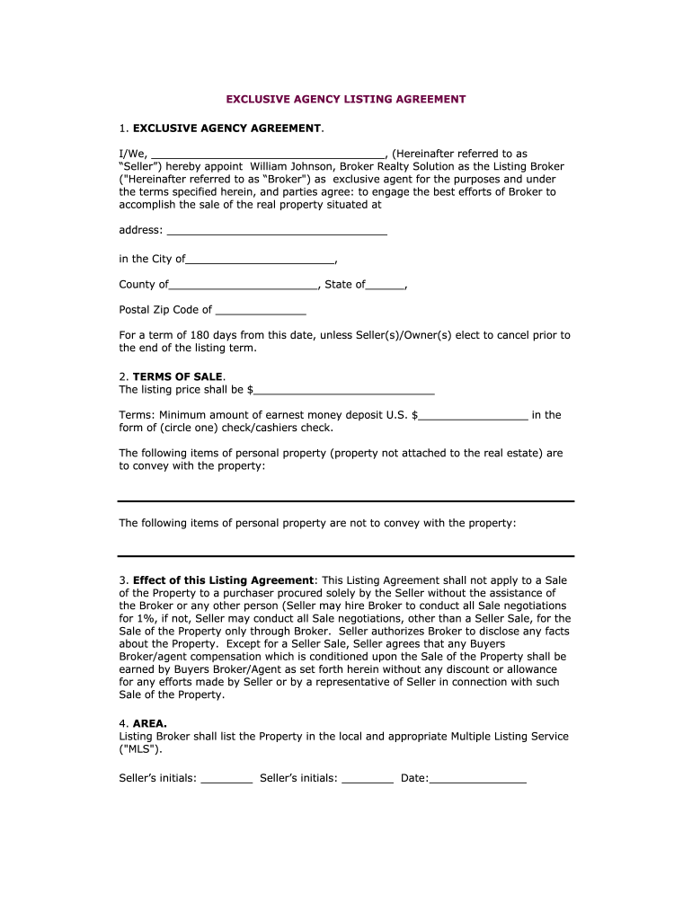 Exclusive Agency Listing Agreement  Form