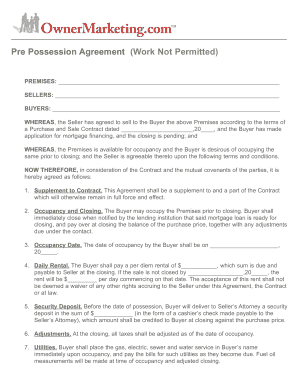 Pre Possession Agreement  Form