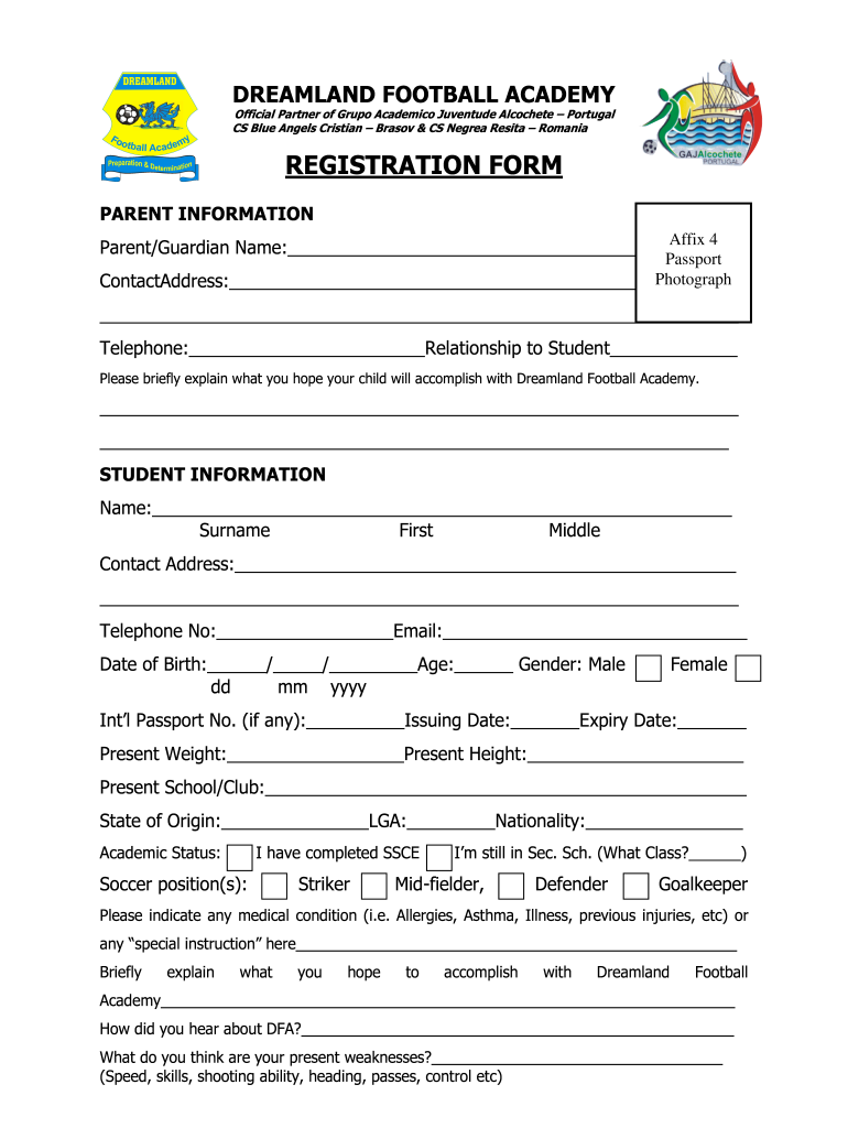 Milo Football Academy Registration  Form