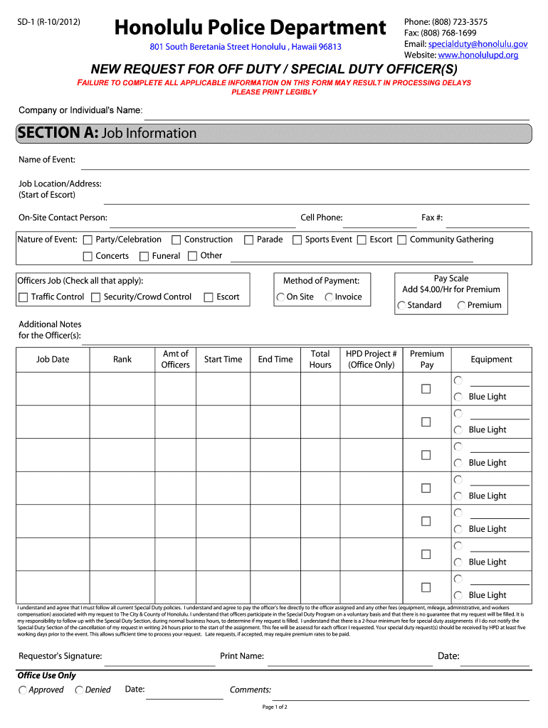  Request for off Duty Special Duty Officers Form  Honolulu Police    Honolulupd 2012-2024