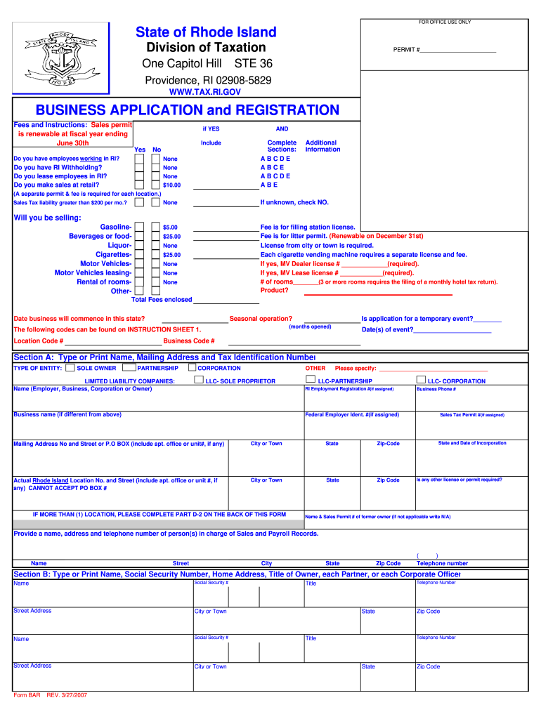  BUSINESS APPLICATION and REGISTRATION  Rhode Island  Tax Ri 2007