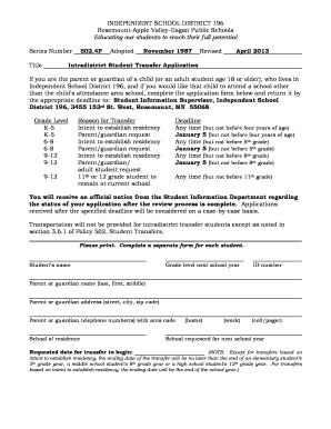 Intradistrict Transfer Application Independent School District 196 District196  Form
