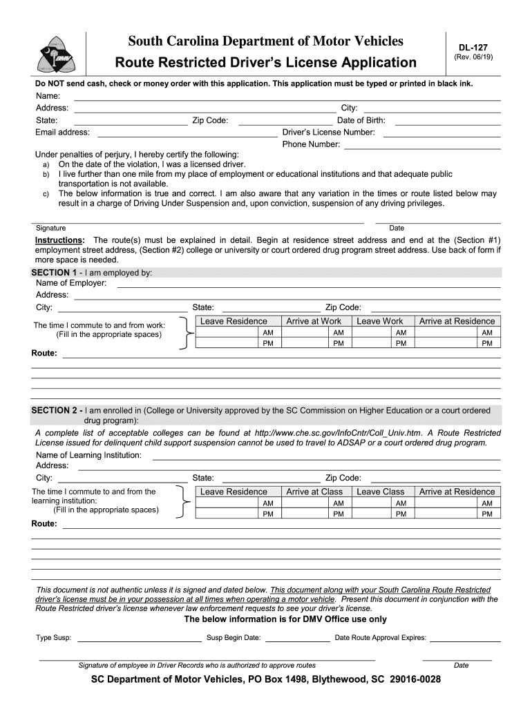  South Carolina Route Restricted License 2019-2024