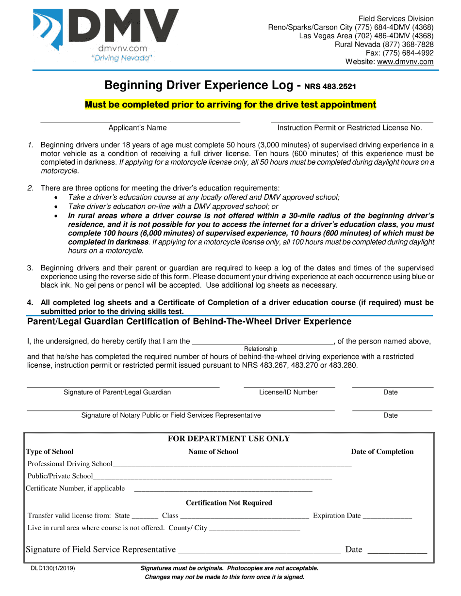 Get and Sign Beginning Driver Experience Log NRS 483 2019-2022 Form