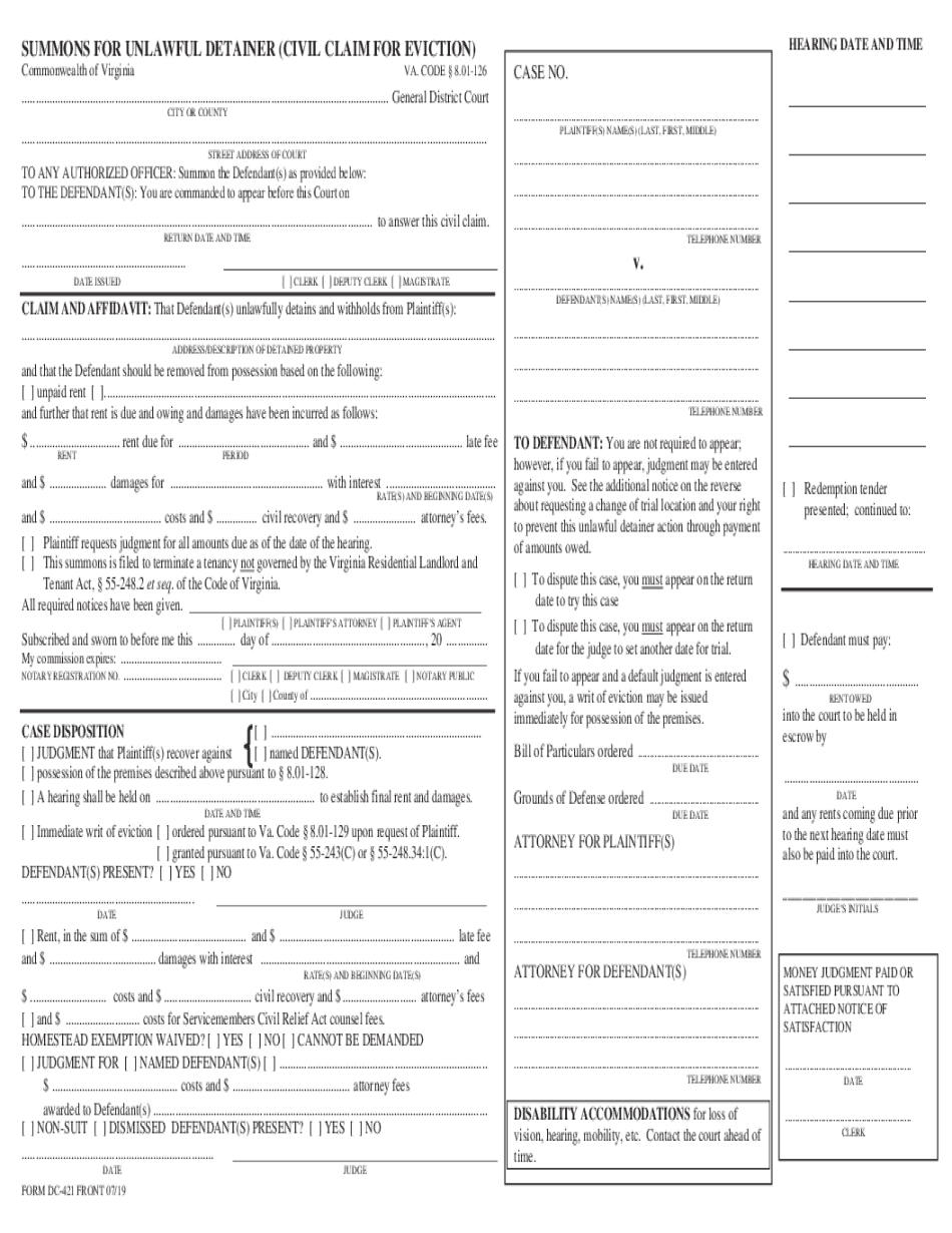  SUMMONS for UNLAWFUL DETAINER CIVIL CLAIM for EVICTION 2019-2024