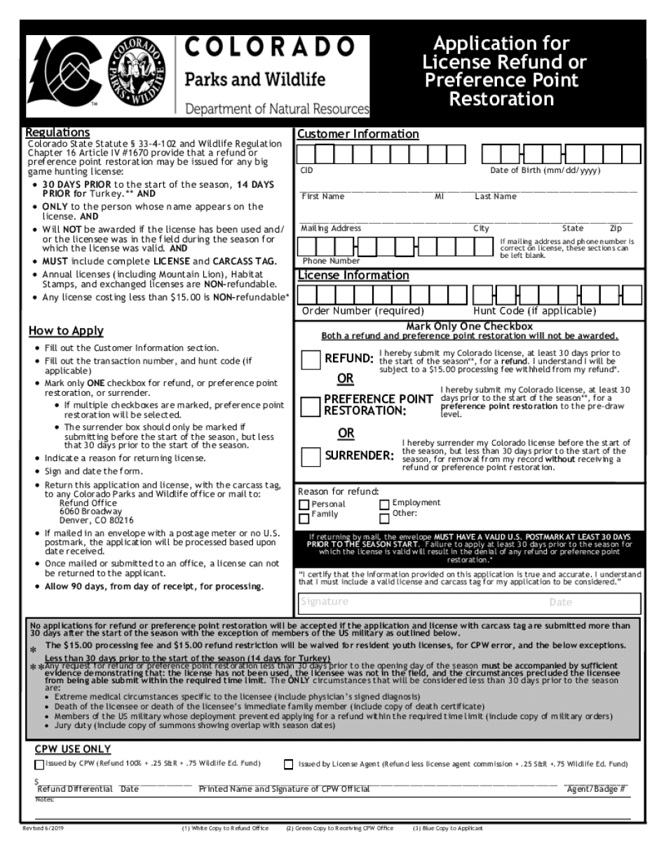  License Refund or Preference Point Restoration Applicatoin Form License Refund or Preference Point Restoration Applicatoin Form 2019