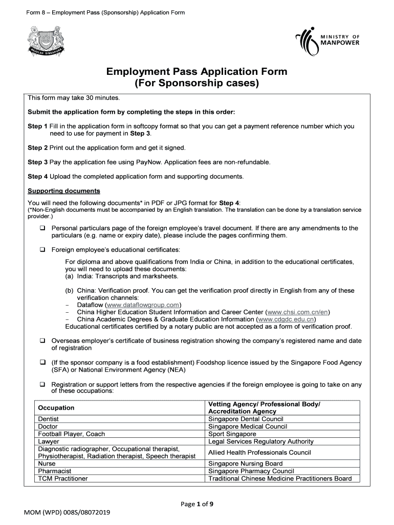 Form 8 Employment Pass Sponsorship Application Form 2020-2024