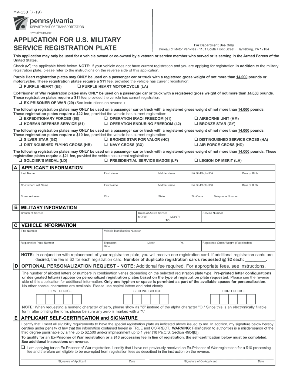  Form PA MV 150 Fill Online, Printable, Fillable, Blank pdfFiller 2019