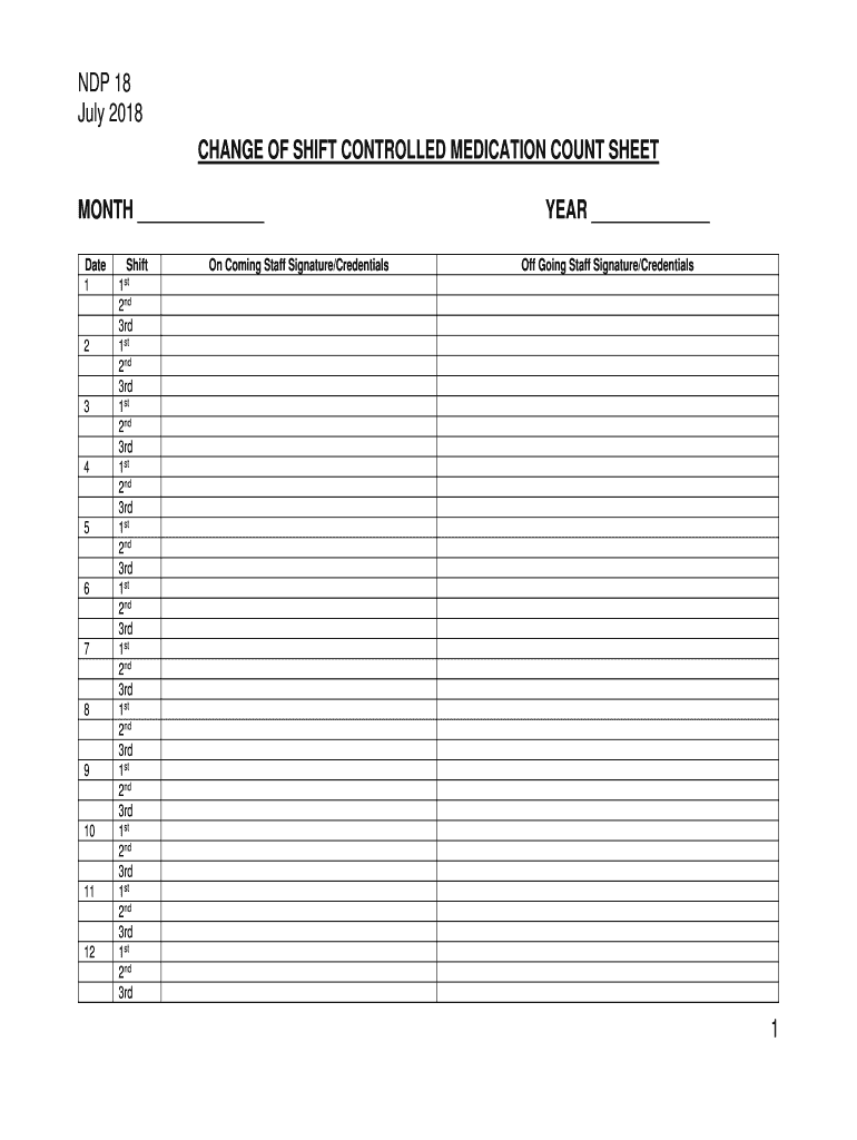  NDP18 Change of Shift Controlled Medication Count Sheet 2018