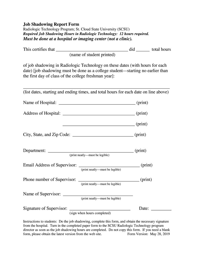  Job Shadowing Report Form Must Be Done at a Hospital or Imaging 2019-2024