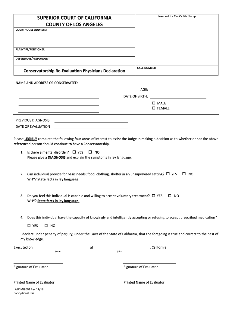  Los Angeles County Conservatorship Re Evaluation Physicians Declaration Form 2018-2024