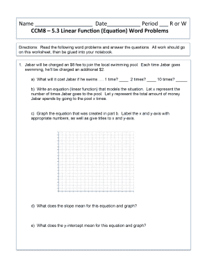 Linear Function Word Problems Worksheet  Form