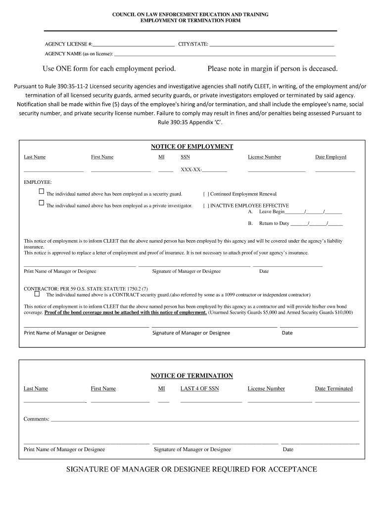 Agency Notice of Employment or Termination  Form