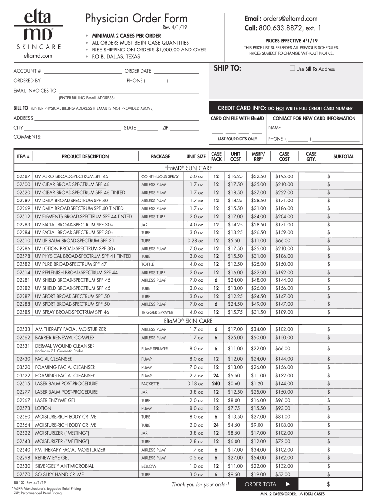  EltaMD Order Form 8 5w 88 1033 12 19 HR 2019-2024