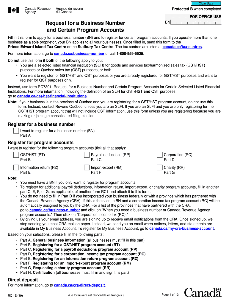 Request for a Business Numberand Certain Program Accounts  Form