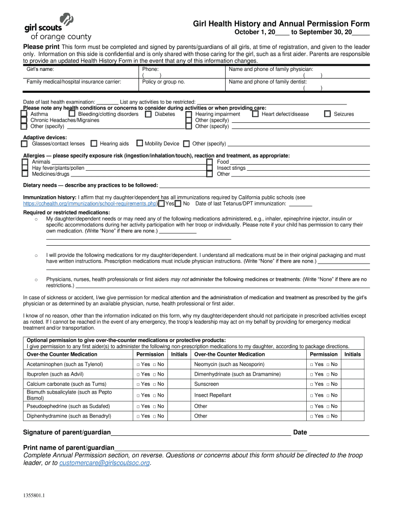 Girl Scouts Health History Form