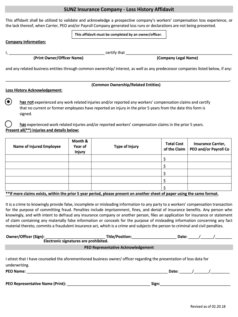 SUNZ Insurance Company Loss History Affidavit  Form