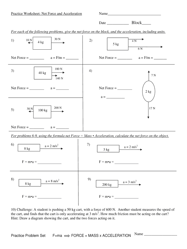 Practice Worksheet Net Force and Acceleration  Form