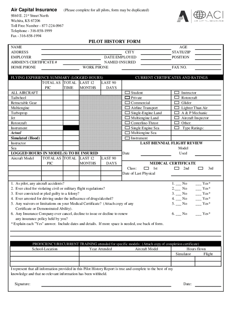  KS Air Capital Insurance Pilot History Form 2013-2024