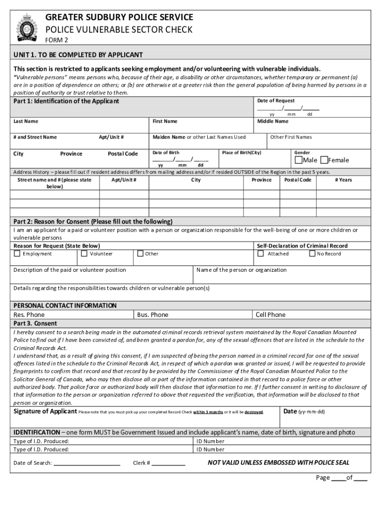  Sudbury Police Vulnerable Sector Check 2019-2024