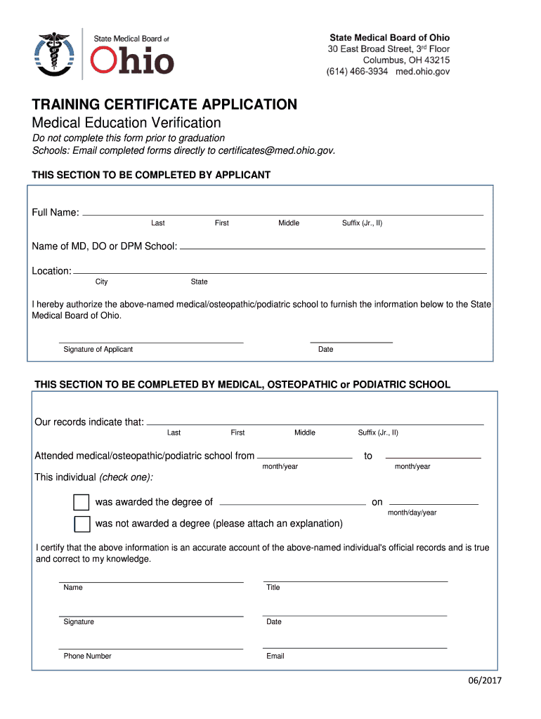 Training Certificate MD, DO, DPM State Medical Board of Ohio  Form