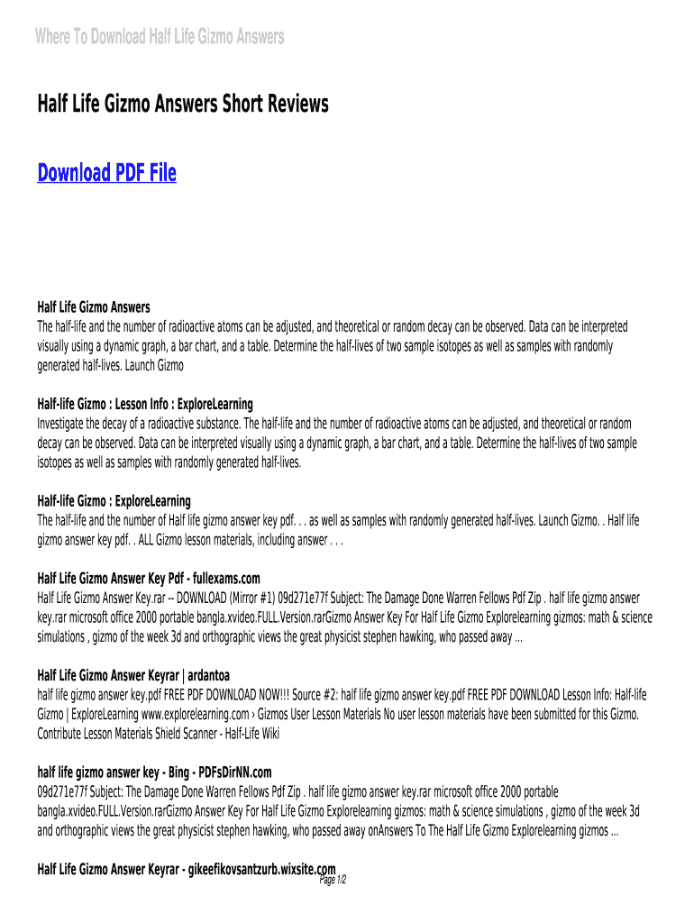 Half Life Gizmo Answer Key  Form