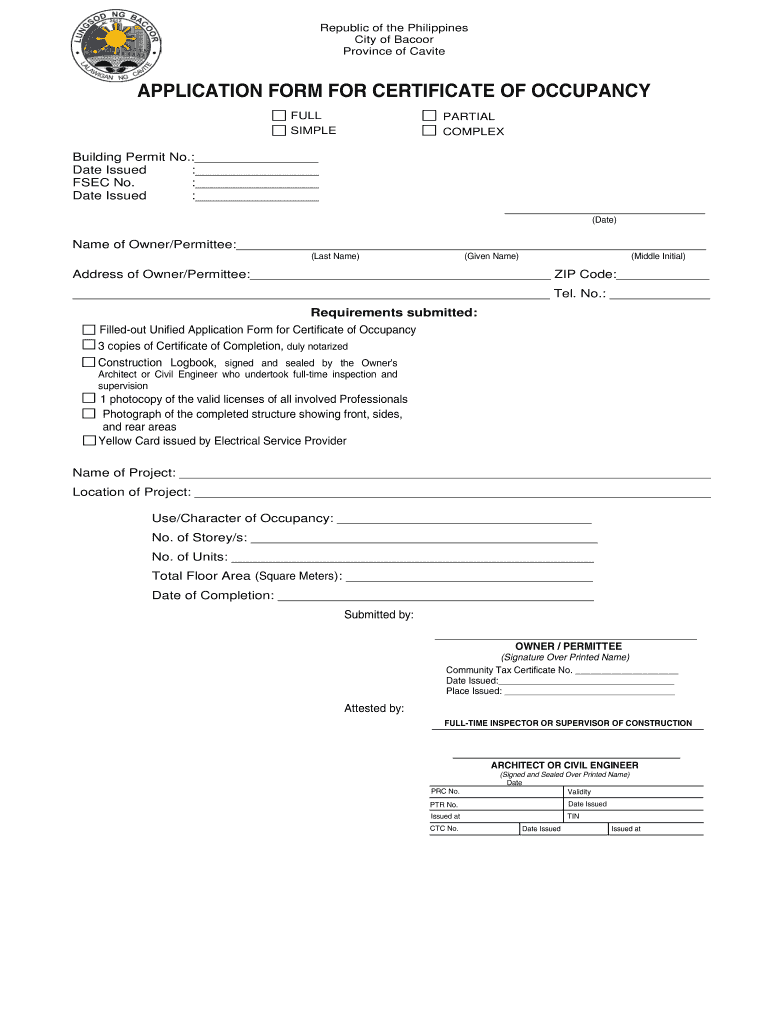 APPLICATION FORM for CERTIFICATE of OCCUPANCY
