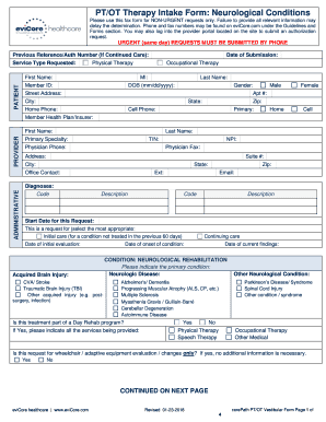  PTOT Therapy Intake Form Neurological Conditions 2018