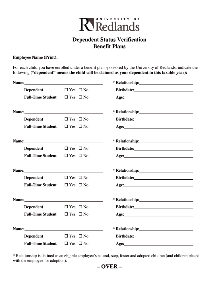 Dependent Status Verification Benefit Plans Redlands Edu  Form