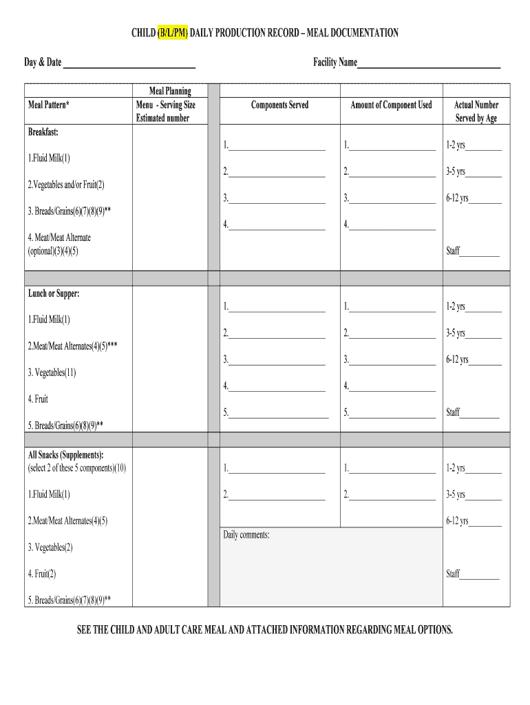 CHILD BLPM DAILY PRODUCTION RECORD MEAL DOCUMENTATION  Form