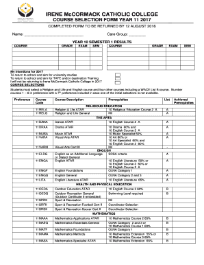 IRENE McCORMACK CATHOLIC COLLEGE COURSE  Form