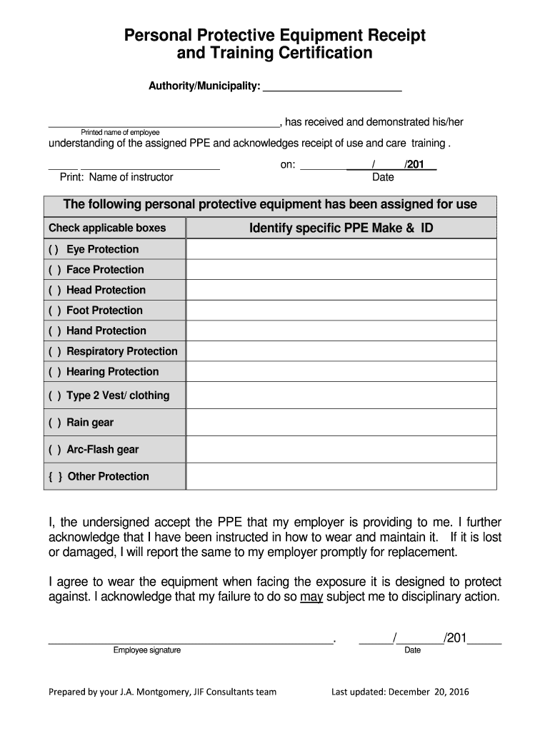 Personal Protective Equipment Receipt  Form