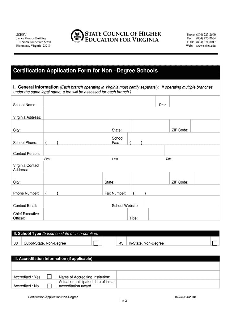 Certification Application Form for Non Degree Schools