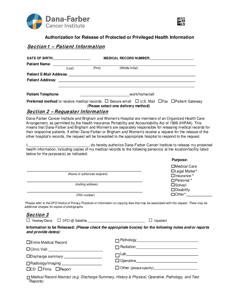  MA Dana Farber Cancer Institute Medical Information Request Form 2019-2024