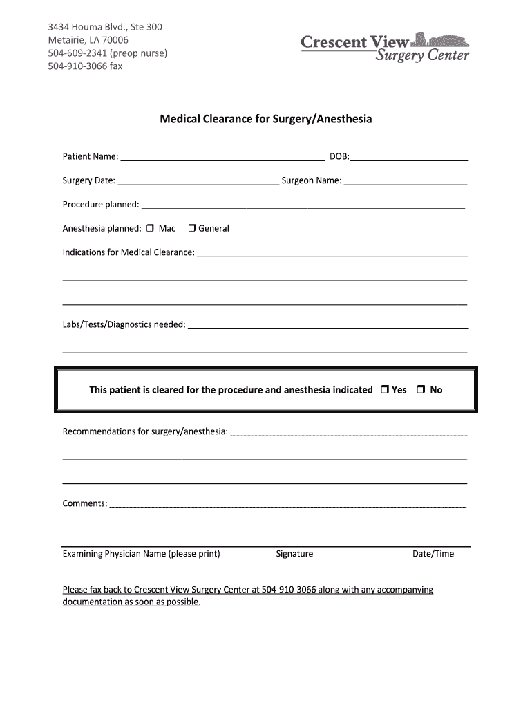Medical Clearance for Surgery  Form