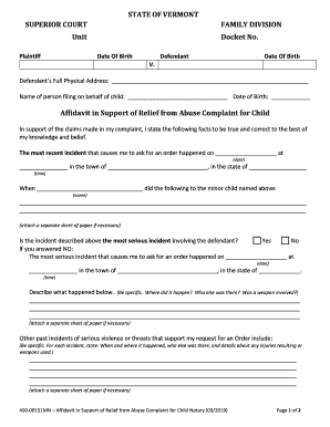 Affidavit in Support of Relief from Abuse Complaint for Child Notary  Form