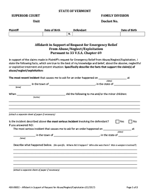 Affidavit in Support of Request for Emergency Relief  Form