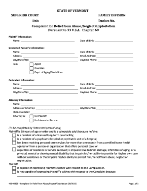 Complaint for Relief from AbuseNeglectExploitation Vermont Judiciary  Form