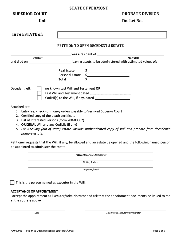 PETITION to OPEN DECEDENTS ESTATE  Form