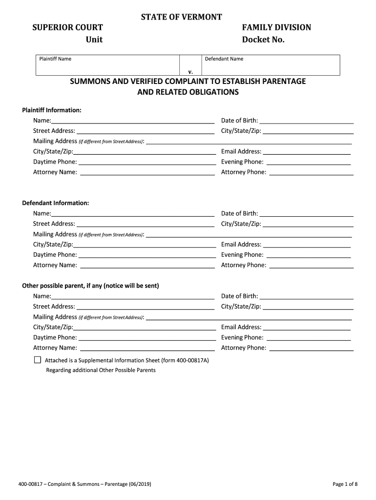 SUMMONS and VERIFIED COMPLAINT to ESTABLISH PARENTAGE  Form