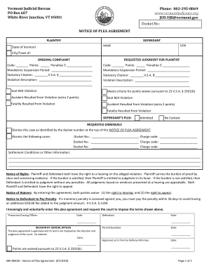 Vermont Judicial Bureau P O Box 607, White River Junction, Vermont  Form