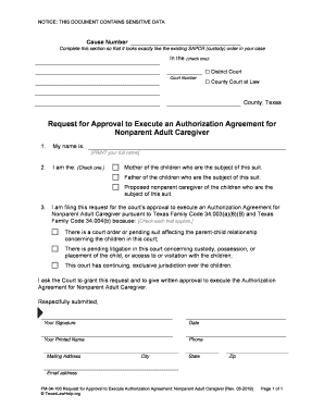 Motion for Approval to Execute an Authorization Agreement for Nonparent Adult Caregiver  Form