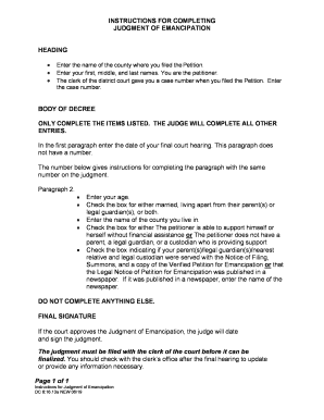 Instructions for Completing Petition for Judgment of Emancipation  Form