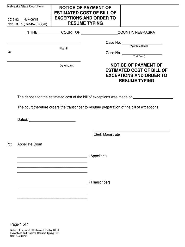 6 1520 Transcript and Bill of Exceptions Checkout Nebraska Judicial  Form
