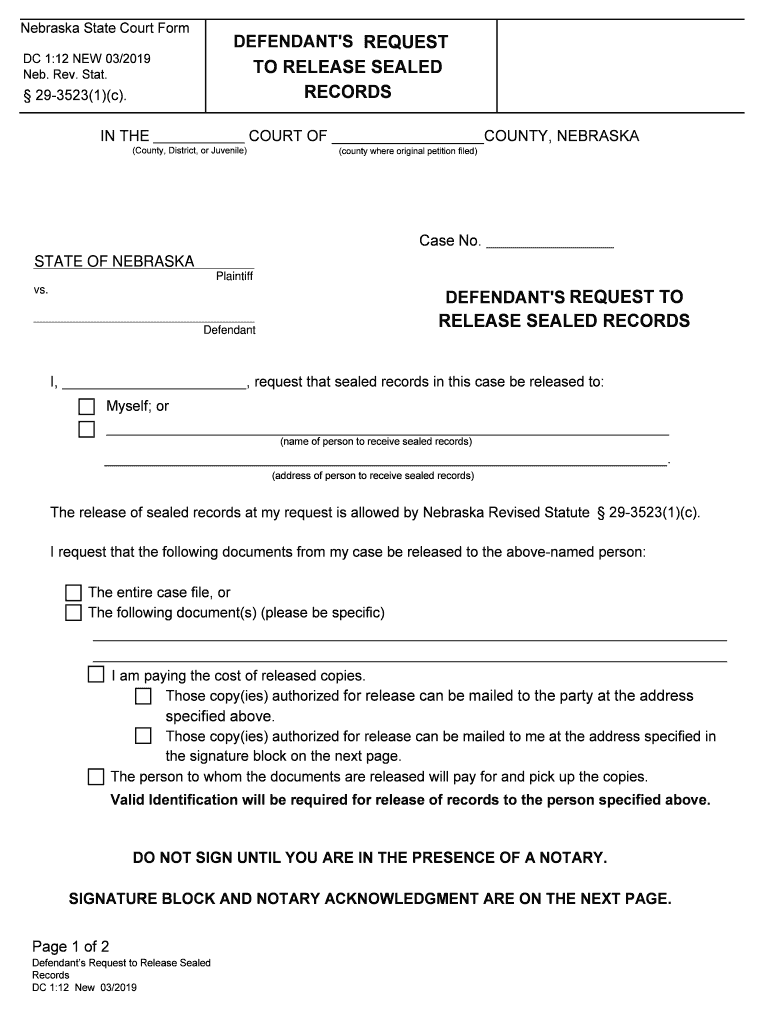Release of Sealed Records, Defendant's Request  Form