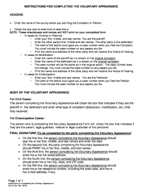 INSTRUCTIONS for COMPLETING the VOLUNTARY APPEARANCE  Form